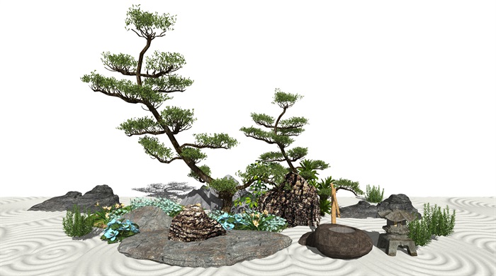 新中式景观小品 庭院景观 石头su模型(2)