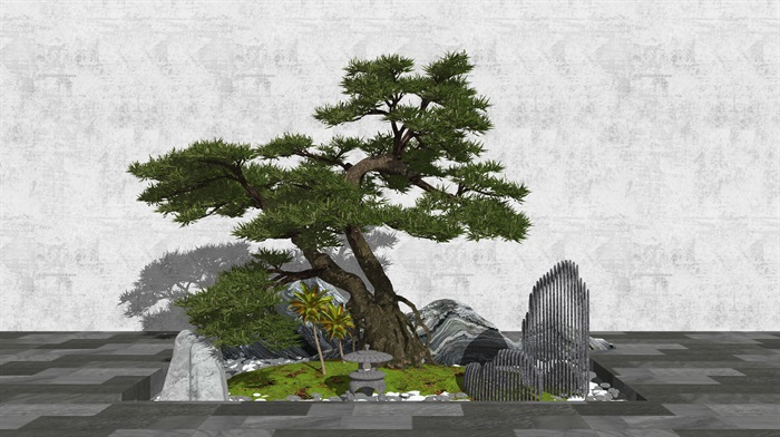 新中式景观小品 庭院景观 石头 景观树su模型(1)