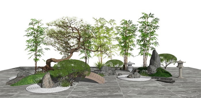 新中式景观小品 庭院景观 石头 景观树su模型(1)