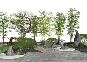 新中式景观小品 庭院景观 石头 景观树SU(草图大师)模型3