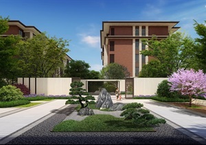 新中式住宅景观设计，带住宅模型。
