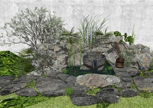 新中式景观小品假山水景庭院景观石头植物SU(草图大师)模型23