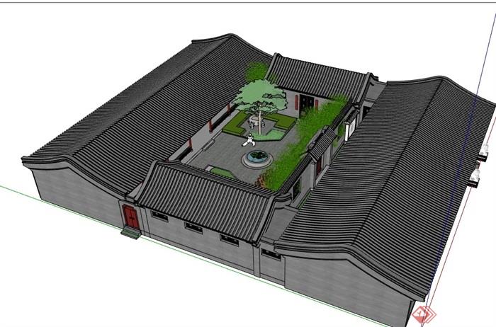中式四合院庭院及建筑SU模型