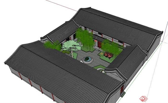 中式四合院庭院及建筑SU模型