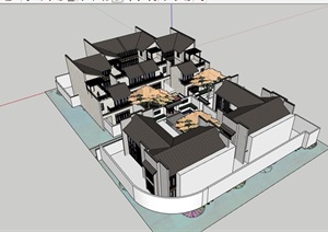 完整的详细中式别墅建筑设计SU(草图大师)模型