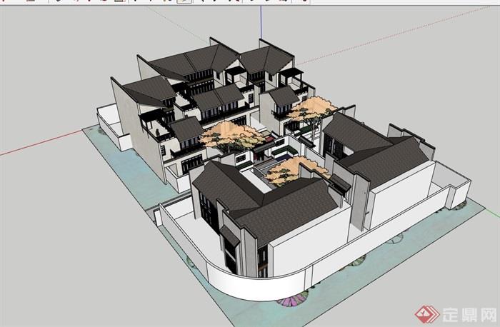 完整的详细中式别墅建筑设计su模型