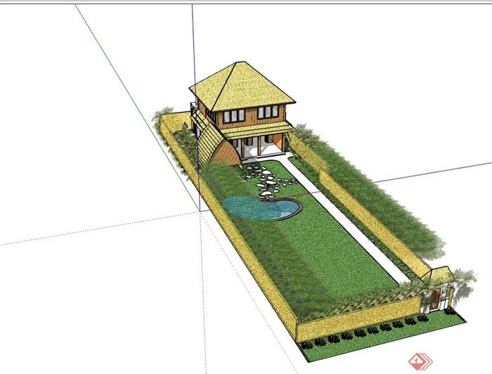 东南亚风格农村民居住宅楼及庭院SU模型