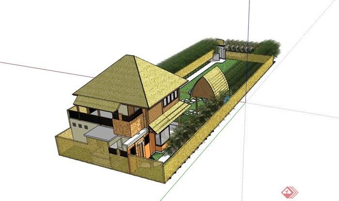 东南亚风格农村民居住宅楼及庭院SU模型